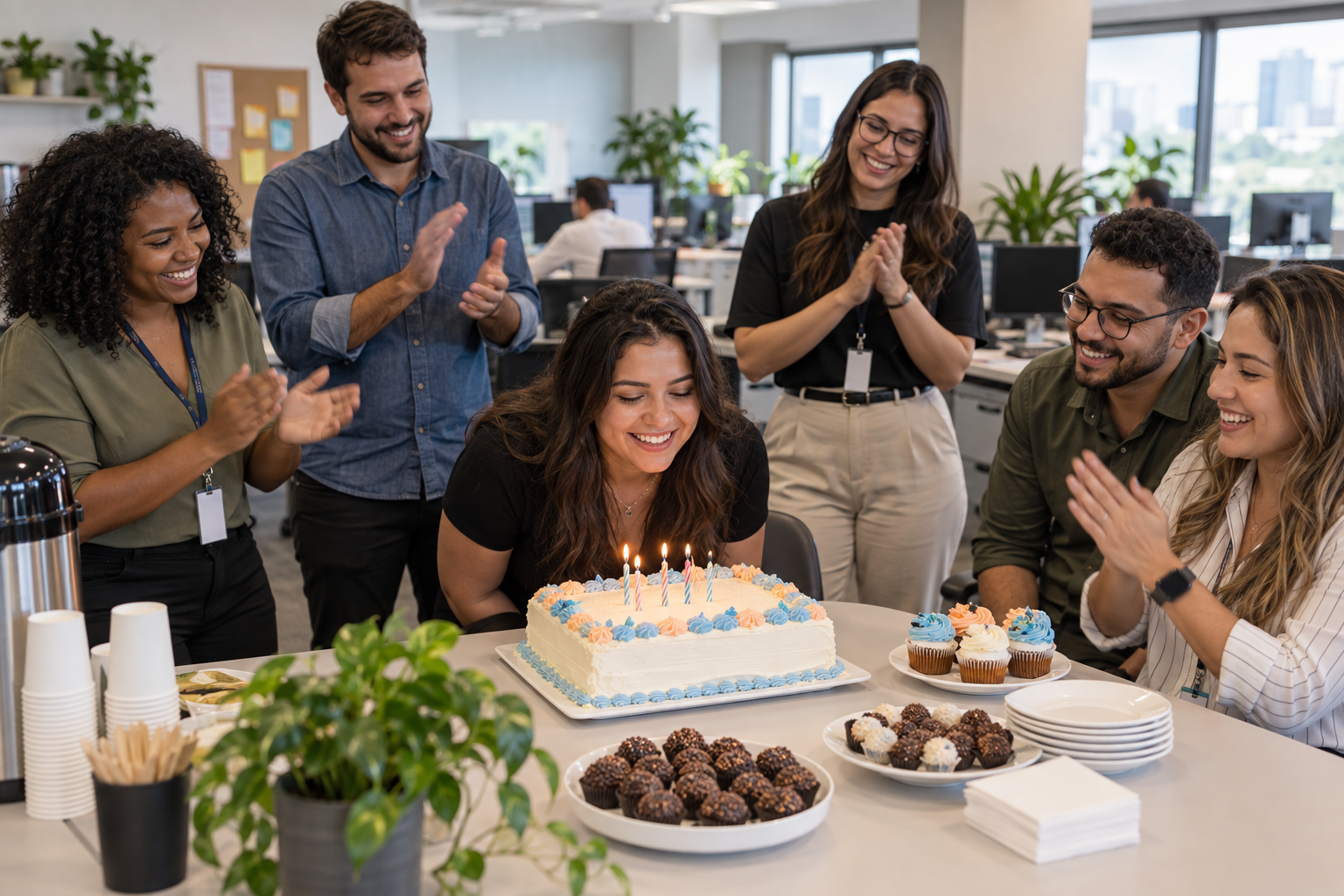 Imagem ilustrativa de celebração de aniversariantes do mês em uma empresa