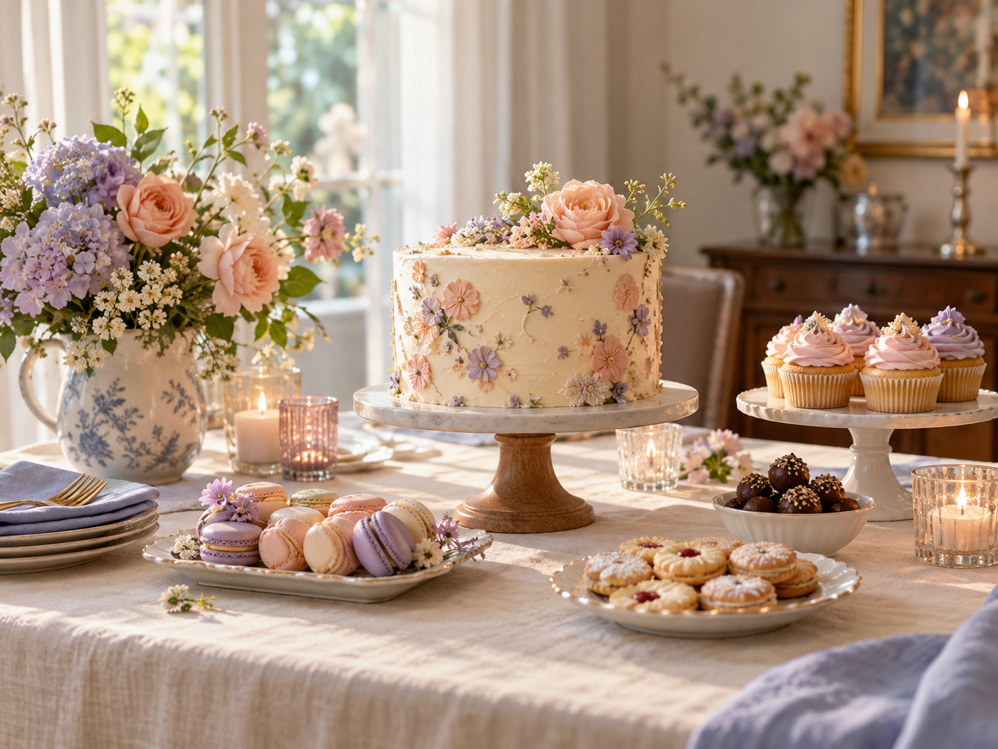 Imagem ilustrativa de mesa de celebração com bolo e doces